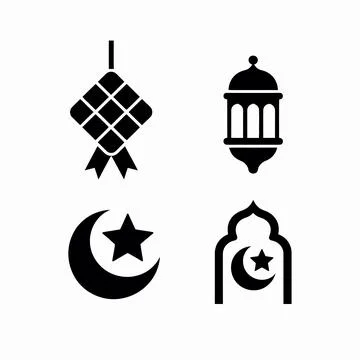 Black and white of crescent moon, star, lantern, and mosque Illustrazione stock