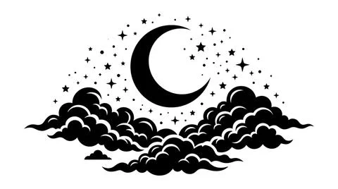 Black and White Crescent Moon and Clouds Illustration Ilustración de archivo