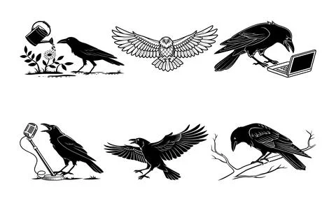 Black and white of crows and an owl in various scenes bird animals イラスト素材