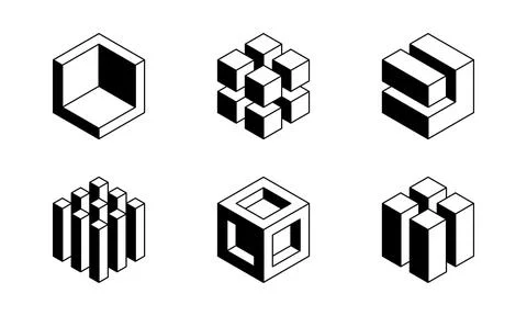 Black and white Cube logo, geometric vector design. Set of box logotype compa Stock Illustration