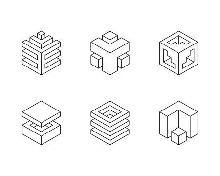 Black and white Cube logo, geometric vector design. Set of box logotype compa Stock Illustration