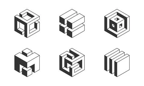 Black and white Cube logo, geometric vector design. Set of box logotype compa Stock Illustration