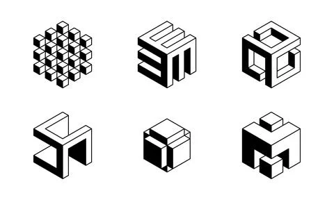 Black and white Cube logo, geometric vector design. Set of box logotype compa Ilustração Stock