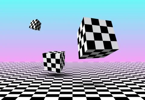 Black and white cubes flying over checkered floor with pink and blue gradient 스톡 일러스트