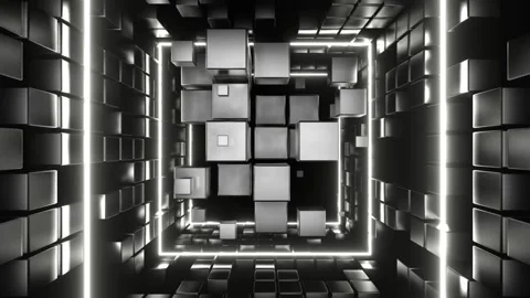 Black and White Cubic Entity Move Through Tunnel Background VJ Loop in 4K Stock Footage 293191568