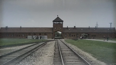 Black and White Death Gate and Tracks, Auschwitz Holocaust War Camp Stock Footage 85900991