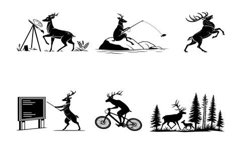 Black and white of deer doing various activities silhouette painting Stock Illustration
