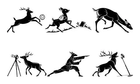 Black and white of deer engaging in various sports and activities soccer Stock Illustration