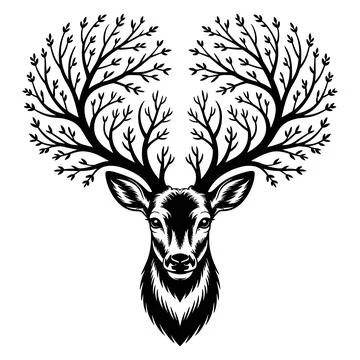 Black and white deer head with antlers resembling tree branches Stock Illustration
