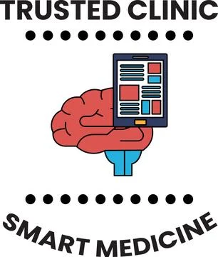 Black and white design features a brain holding a tablet Stock Illustration