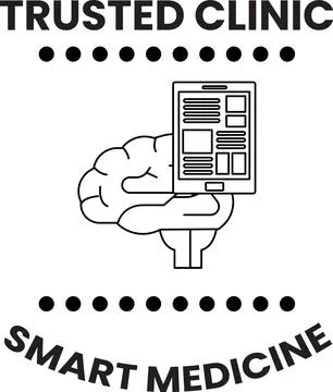 Black and white design features a brain holding a tablet Stock Illustration