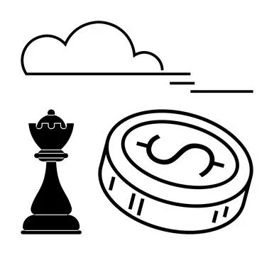Black and White Design Featuring Chess Piece, Coin with Dollar Sign, and Clou Stock Illustration