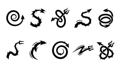 Black and white devil trident and thorny arrow symbols vector set, useful f.. Stock Illustration
