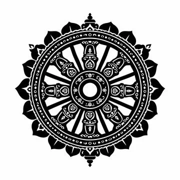Black and white dharma wheel illustration spiritual symbol graphic design art Ilustração Stock