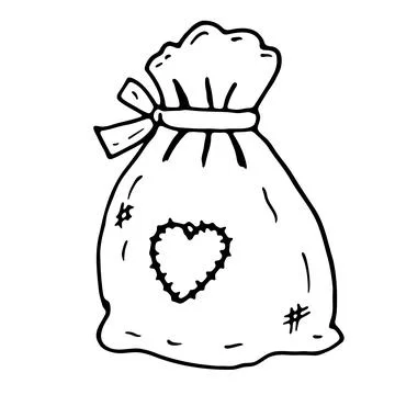 Black and white doodle of drawstring sack with heart patch Stock Illustration