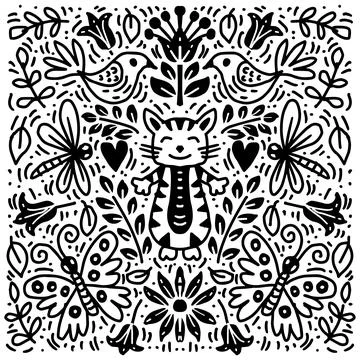 Black and white doodle pattern with cat, dragonfly, flowers and hearts. Stock Illustration