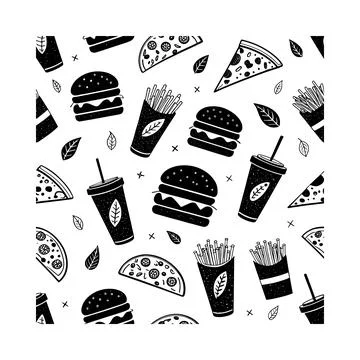 Black and white doodle pattern of fast food and leaves burger pizza slice f.. Stock Illustration