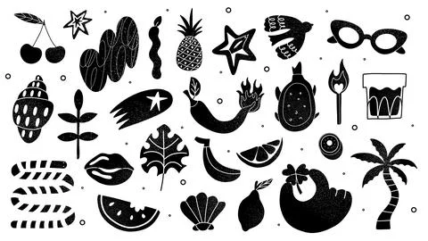Black and white doodle sticker set Stock Illustration