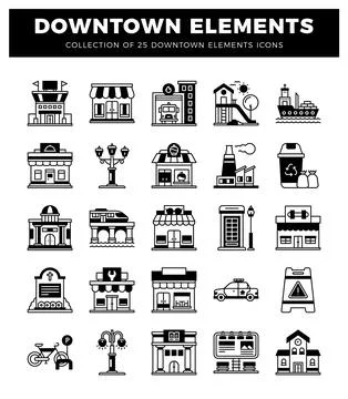 Black and white downtown element icons. a modern graphic design. Illustration
