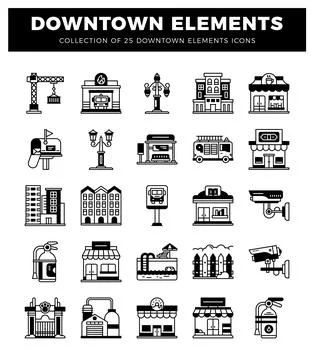 Black and white downtown element icons presented in a grid format with a ti.. Illustrazione stock