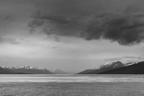 Black and white Dramatic landscape of Patagonian mountains, taken from the be Foto stock