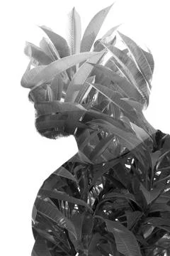 Black and white dramatic portrait. Double Exposure technique Stock Photos