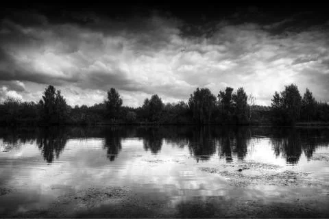 Black and white dramatic river forest reflection background 스톡 사진