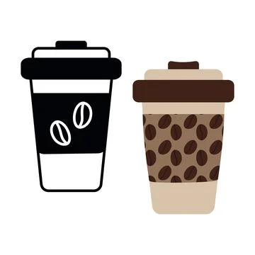 Black and white drawing and patterned disposable coffee cups with coffee grains Stock Illustration