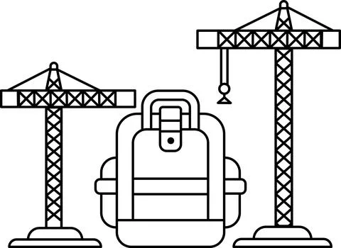 A black and white drawing of a backpack and cranes Stock Illustration