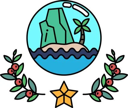 A black and white drawing of a beach with a rock and palm tree Stock-Illustration