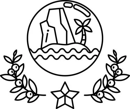 A black and white drawing of a beach with a rock and palm tree 스톡 일러스트