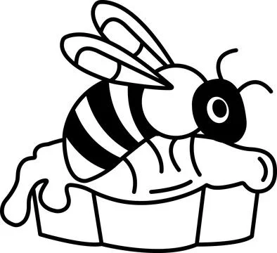 A black and white drawing of a bee laying on a piece of cake Stock Illustration