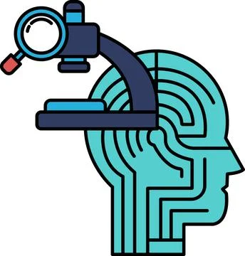 A black and white drawing of a brain with a microscope on top of it Stock Illustration