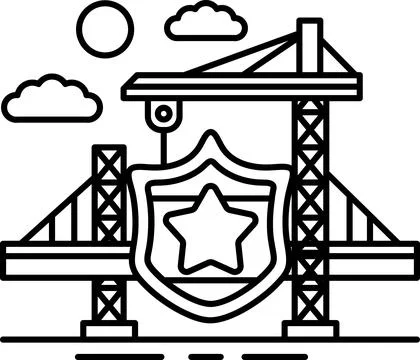 A black and white drawing of a bridge with a star and a shield on it Stock Illustration