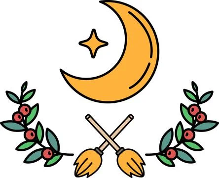 A black and white drawing of a broom and a crescent moon Ilustração Stock
