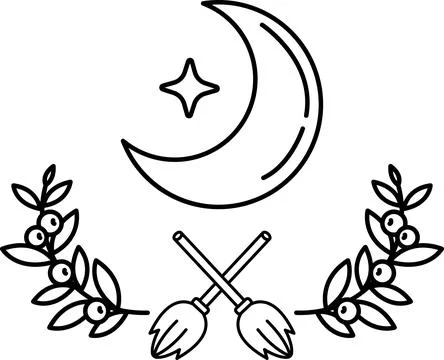 A black and white drawing of a broom and a crescent moon Ilustração Stock