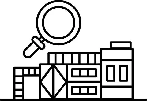 A black and white drawing of a building with a magnifying glass on top of it Ilustração Stock