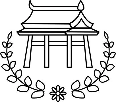 A black and white drawing of a building with a white flower in the middle Ilustración de archivo