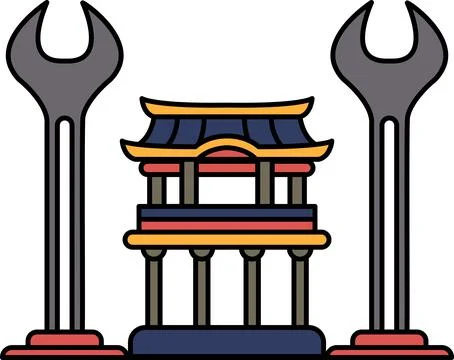 A black and white drawing of a building with a wrench on top of it Ilustración de archivo