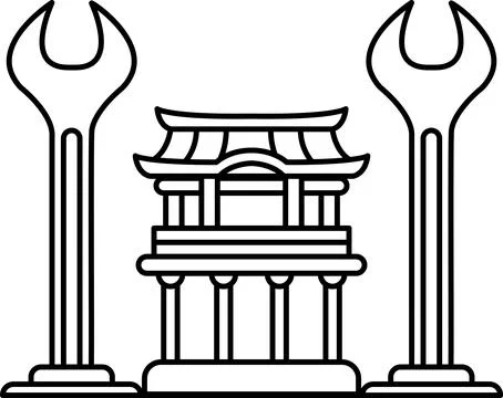 A black and white drawing of a building with a wrench on top of it Ilustración de archivo