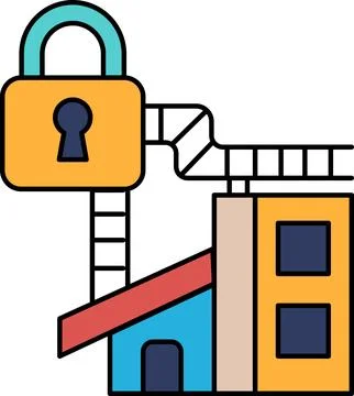 A black and white drawing of a building with a lock on it Stock Illustration