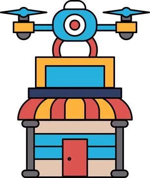 A black and white drawing of a building with a drone on top Ilustración de archivo