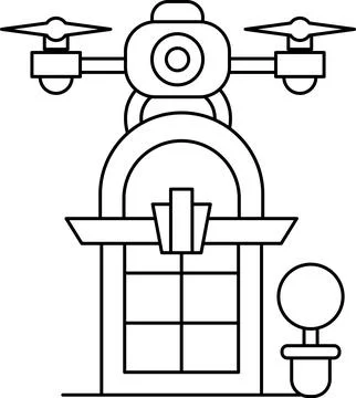 A black and white drawing of a building with a drone on top Ilustración de archivo