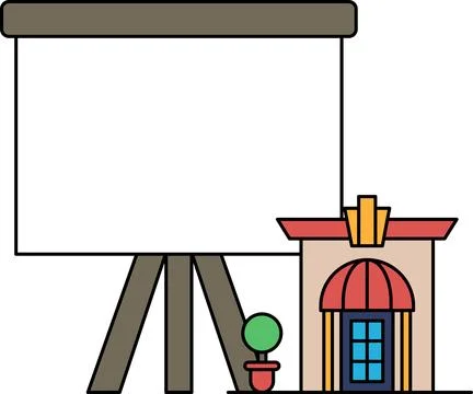 A black and white drawing of a building with a projector screen Ilustración de archivo