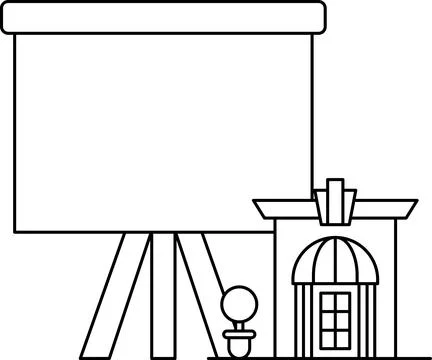 A black and white drawing of a building with a projector screen Stock Illustration