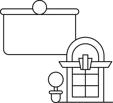 A black and white drawing of a building with a sign on the wall Stock Illustration