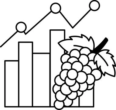 A black and white drawing of a bunch of grapes and a graph Stock Illustration