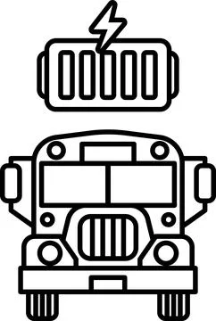 A black and white drawing of a bus with a battery on the side Stock Illustration