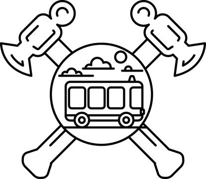 A black and white drawing of a bus with a hammer and an ax on either side Stock Illustration
