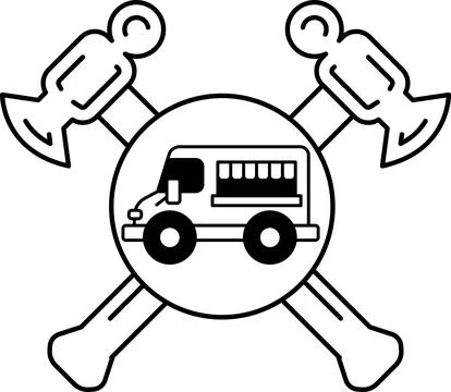 A black and white drawing of a bus with a hammer and an ax on either side Stock Illustration